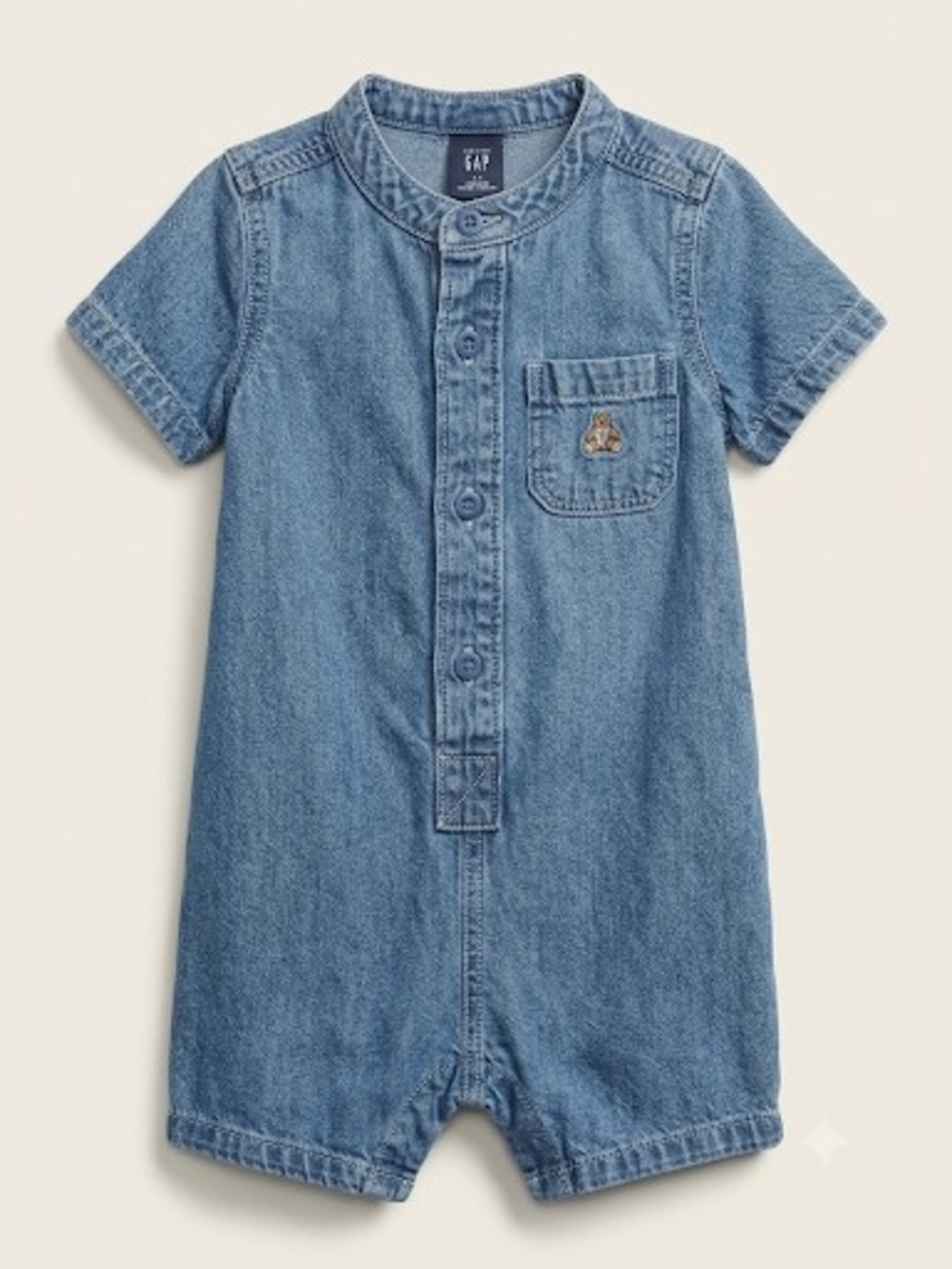 GAP Light Blue Denim Short-Sleeve Romper With Bear On Pocket 3-6 Months